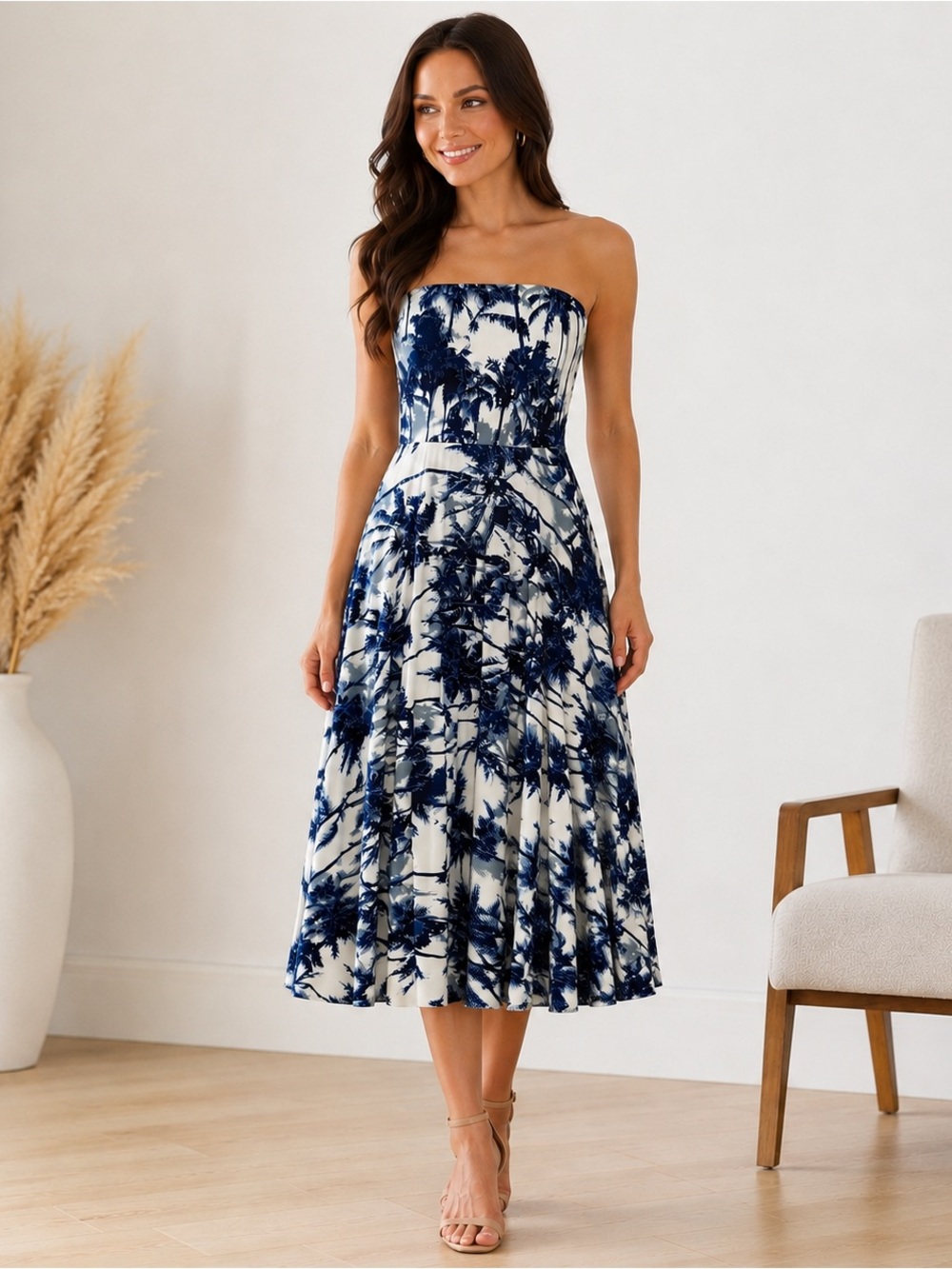 Elan Blue & White Tropical Palm Print Strapless Midi Dress Size S